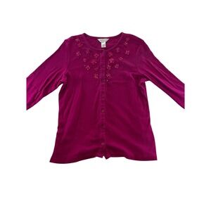 Christopher & Banks Womens Magenta Pink Floral Beaded 100% Cotton Cardigan Sz M